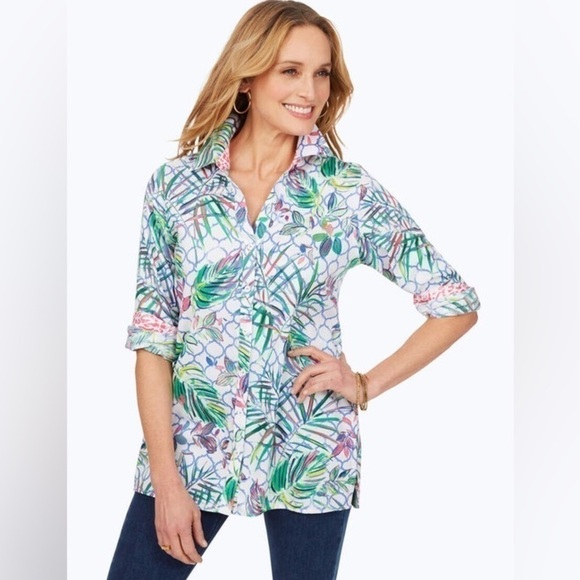 Foxcroft NYC Phoebe Tropical Trellis wrinkle free shaped tunic, size 4. - Picture 1 of 10